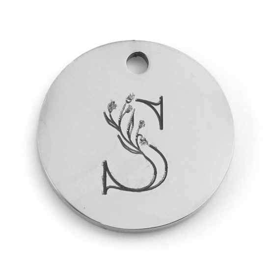 Picture of 201 Stainless Steel Charms Silver Tone Round Flower Message " S " 15mm Dia., 1 Piece