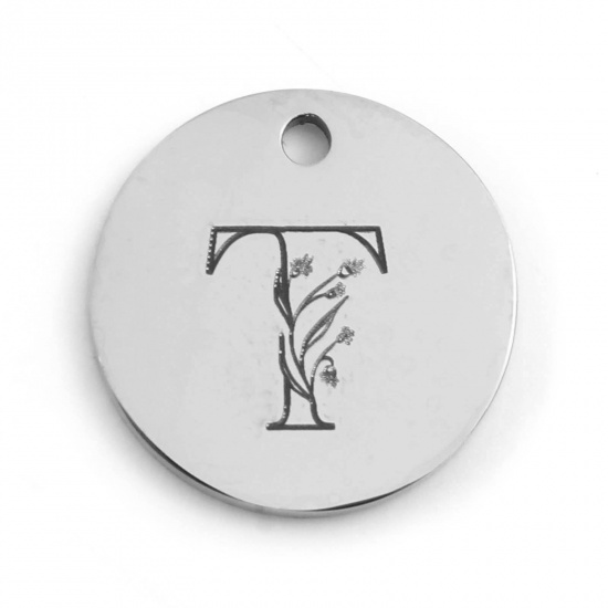 Picture of 201 Stainless Steel Charms Silver Tone Round Flower Message " T " 15mm Dia., 1 Piece