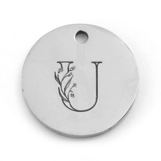 Picture of Stainless Steel Charms Round Silver Tone Flower Message " U " 15mm Dia., 1 Piece