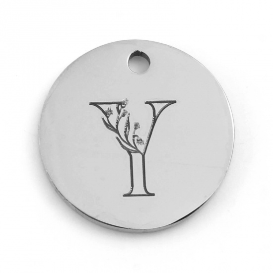 Picture of Stainless Steel Charms Round Silver Tone Flower Message " Y " 15mm Dia., 1 Piece