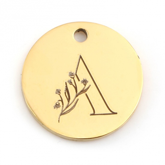 Picture of 201 Stainless Steel Charms Gold Plated Round Flower Message " A " 15mm Dia., 1 Piece