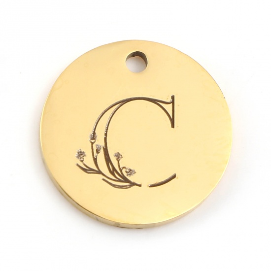 Picture of 201 Stainless Steel Charms Gold Plated Round Flower Message " C " 15mm Dia., 1 Piece