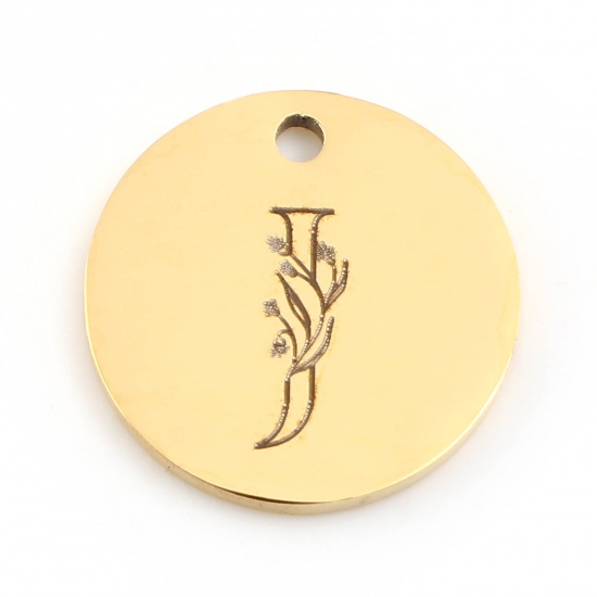 Picture of 201 Stainless Steel Charms Gold Plated Round Flower Message " J " 15mm Dia., 1 Piece