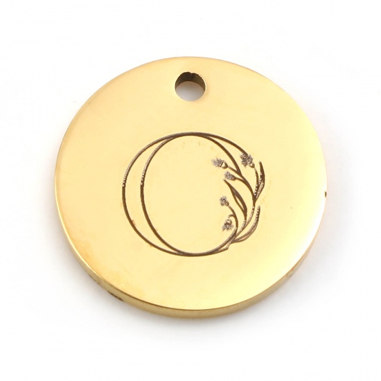 Picture of Stainless Steel Charms Round Gold Plated Flower Message " O " 15mm Dia., 1 Piece