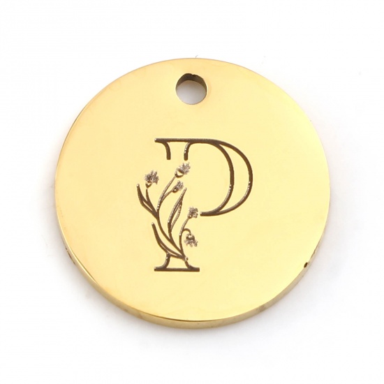 Picture of 201 Stainless Steel Charms Gold Plated Round Flower Message " P " 15mm Dia., 1 Piece