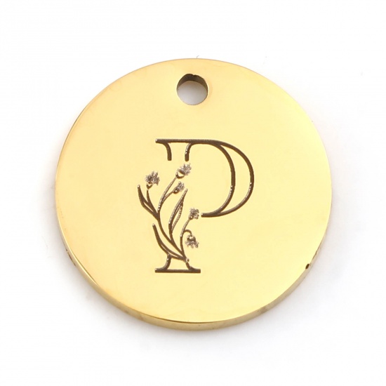 Picture of 201 Stainless Steel Charms Gold Plated Round Disc Flower Message " P " 15mm Dia., 1 Piece