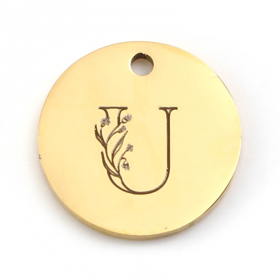 Picture of Stainless Steel Charms Round Gold Plated Flower Message " U " 15mm Dia., 1 Piece