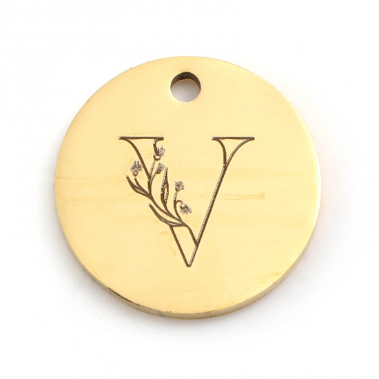 Picture of Stainless Steel Charms Round Gold Plated Flower Message " V " 15mm Dia., 1 Piece