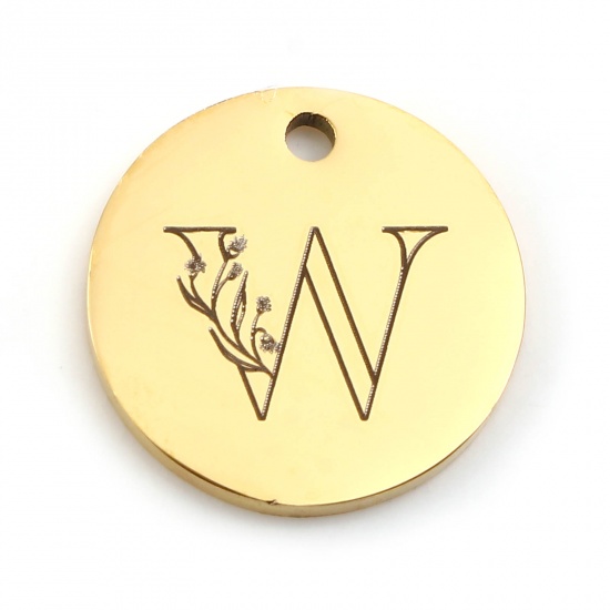 Picture of 201 Stainless Steel Charms Gold Plated Round Flower Message " W " 15mm Dia., 1 Piece
