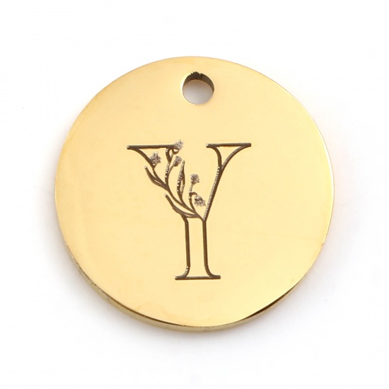 Picture of Stainless Steel Charms Round Gold Plated Flower Message " Y " 15mm Dia., 1 Piece