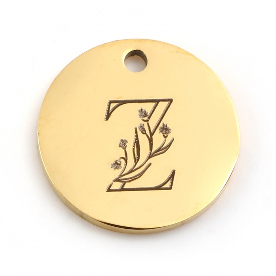 Picture of Stainless Steel Charms Round Gold Plated Flower Message " Z " 15mm Dia., 1 Piece