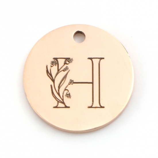 Picture of 201 Stainless Steel Charms Rose Gold Round Disc Flower Message " H " 15mm Dia., 1 Piece