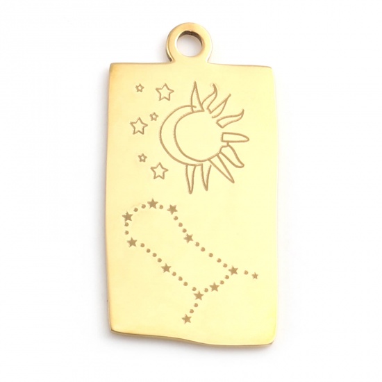 Picture of 201 Stainless Steel Charms Gold Plated Rectangle Gemini Sign Of Zodiac Constellations 25.5mm x 13mm, 1 Piece