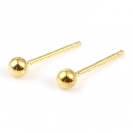 Picture of Sterling Silver Ear Post Stud Earrings Findings Ball Gold Plated 3mm Dia., Post/ Wire Size: (21 gauge), 1 Gram