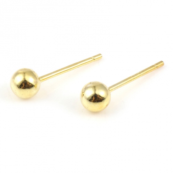 Picture of Sterling Silver Ear Post Stud Earrings Findings Ball Gold Plated 4mm Dia., Post/ Wire Size: 0.75mm, 1 Gram