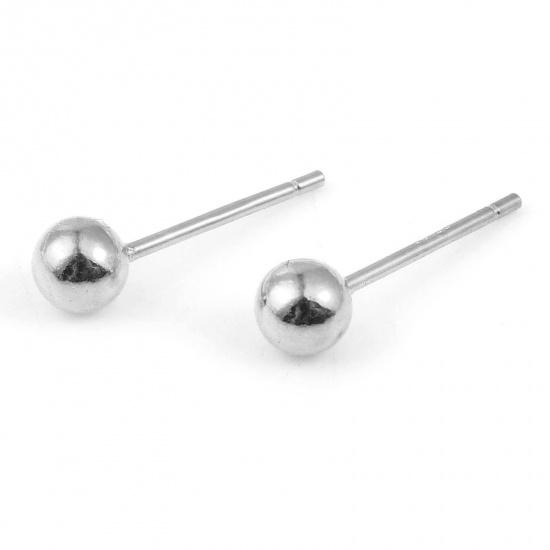 Picture of Sterling Silver Ear Post Stud Earrings Findings Ball Silver Color 4mm Dia., Post/ Wire Size: 0.75mm, 1 Gram