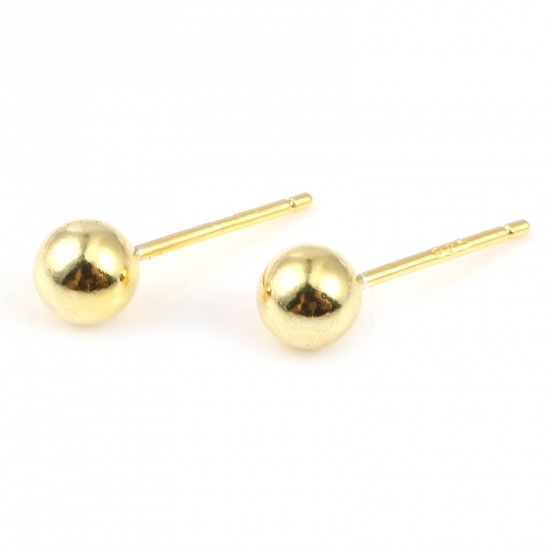 Picture of Sterling Silver Ear Post Stud Earrings Findings Ball Gold Plated 5mm Dia., Post/ Wire Size: 0.75mm, 1 Gram