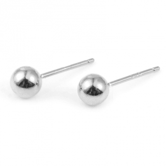 Picture of Sterling Silver Ear Post Stud Earrings Findings Ball Silver Color 5mm Dia., Post/ Wire Size: 0.75mm, 1 Gram
