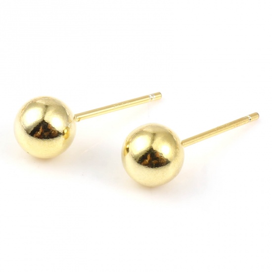 Picture of Sterling Silver Ear Post Stud Earrings Findings Ball Gold Plated 6mm Dia., Post/ Wire Size: 0.75mm, 1 Gram