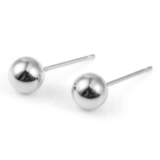 Picture of Sterling Silver Ear Post Stud Earrings Findings Ball Silver Color 6mm Dia., Post/ Wire Size: 0.75mm, 1 Gram