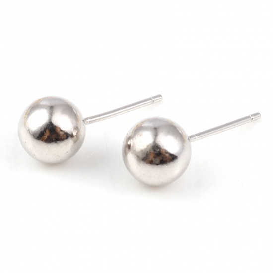 Picture of Sterling Silver Ear Post Stud Earrings Findings Ball Silver Color 7mm Dia., Post/ Wire Size: 0.75mm, 1 Gram