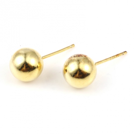 Picture of Sterling Silver Ear Post Stud Earrings Findings Ball Gold Plated 8mm Dia., Post/ Wire Size: 0.75mm, 1 Gram