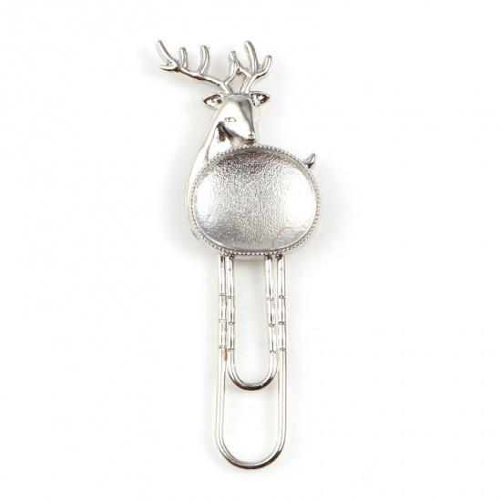 Picture of Glass Pin Brooches Findings Christmas Reindeer Silver Tone 50mm x 21mm, 5 Sets