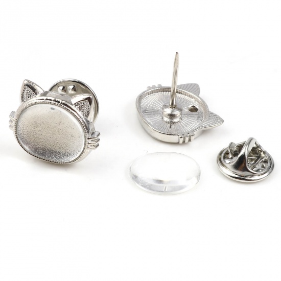 Picture of Glass Pin Brooches Findings Cat Animal Silver Tone 18.5mm x 16mm, 5 Sets