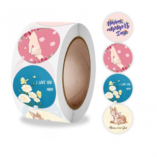 Picture of Multicolor - Paper DIY Scrapbook Deco Stickers Round Mother's Day Deer Flower Pattern 2.5cm Dia., 1 Roll(500 PCs/Roll)