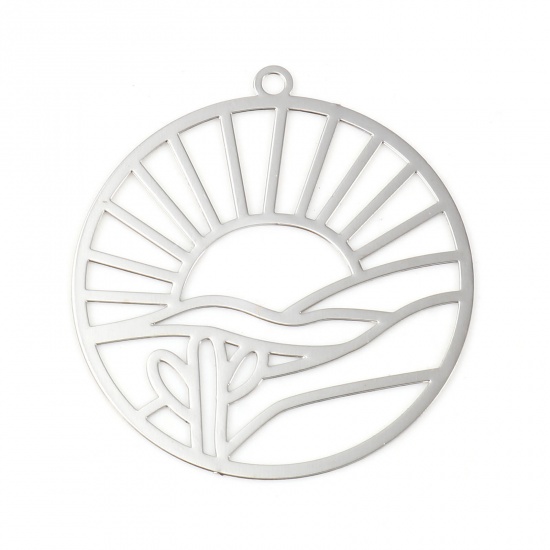 Image de Pendentifs Estampe en Filigrane en Laiton Rond Argent Mat Paysages Naturels 32mm x 30mm, 10 Pcs