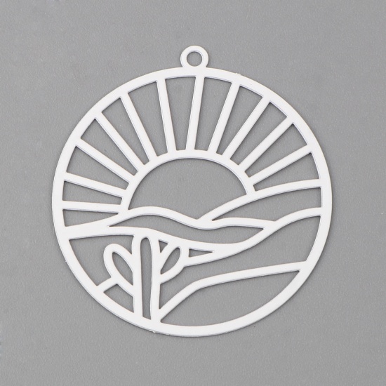 Image de Pendentifs Estampe en Filigrane en Laiton Rond Blanc Paysages Naturels Laqué 32mm x 30mm, 10 Pcs