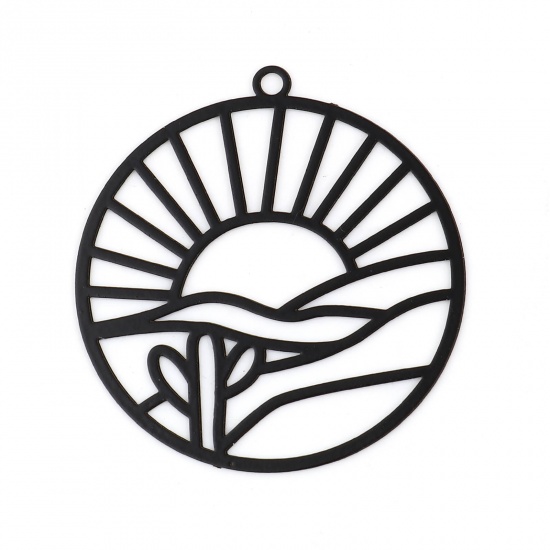 Image de Pendentifs Estampe en Filigrane en Laiton Rond Noir Paysages Naturels Laqué 32mm x 30mm, 10 Pcs