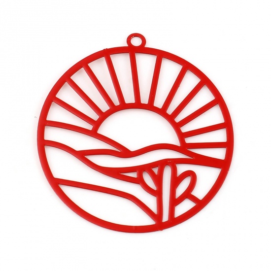 Image de Pendentifs Estampe en Filigrane en Laiton Rond Rouge Paysages Naturels Laqué 32mm x 30mm, 10 Pcs