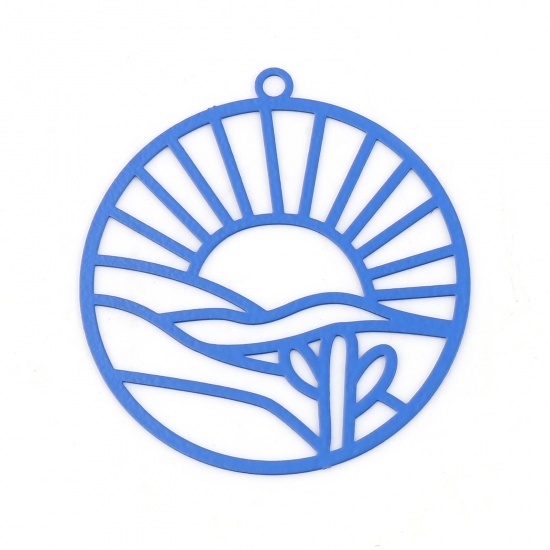 Image de Pendentifs Estampe en Filigrane en Laiton Rond Bleu Paysages Naturels Laqué 32mm x 30mm, 10 Pcs