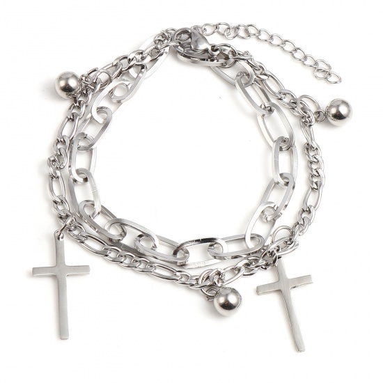 Picture of 201 Stainless Steel Religious Link Cable Chain Bracelets Silver Tone Ball Cross Multilayer 18.5cm(7 2/8") long, 1 Piece