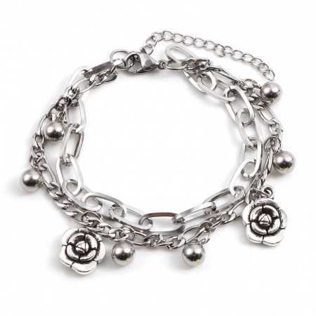 Immagine di Palla Fiore Multilayer 201 Acciaio Inossidabile Catena a Cavo Braccialetti con Ciondoli All'Ingrosso, Tono Argento Donne Regalo Fornitura di Gioielli, 18.5cm Lunghezza, 1 Pz