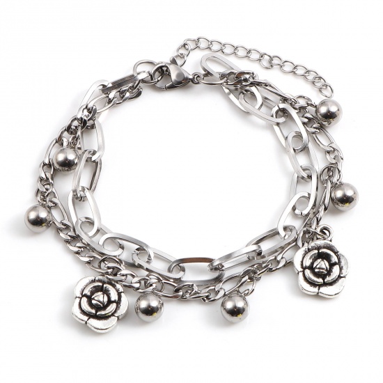 Picture of 201 Stainless Steel Link Cable Chain Charm Bracelets Silver Tone Ball Flower Multilayer 18.5cm(7 2/8") long, 1 Piece