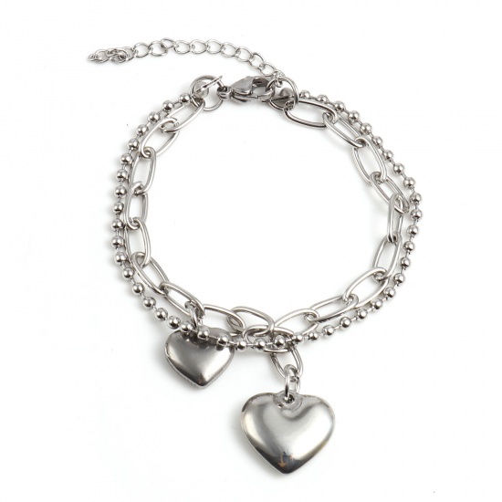 Picture of 201 Stainless Steel Valentine's Day Link Cable Chain Bracelets Silver Tone Heart Multilayer 18.5cm(7 2/8") long, 1 Piece