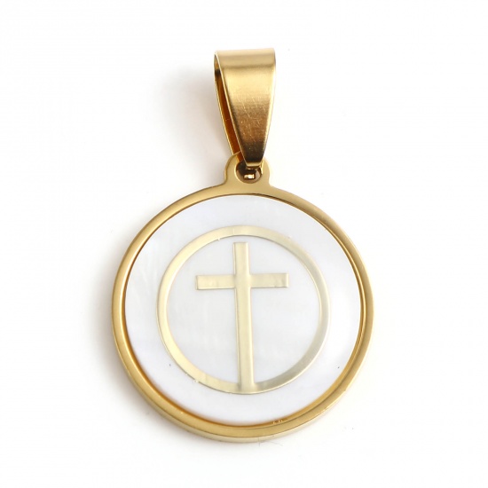 Immagine di 201 Acciaio Inossidabile & Conchiglia Religione Ciondoli Tondo Oro Placcato Bianco Croce 30mm x 20mm, 1 Pz