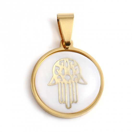 Immagine di 201 Acciaio Inossidabile & Conchiglia Religione Ciondoli Tondo Oro Placcato Bianco Mano Simbolo di Hamsa 30mm x 20mm, 1 Pz
