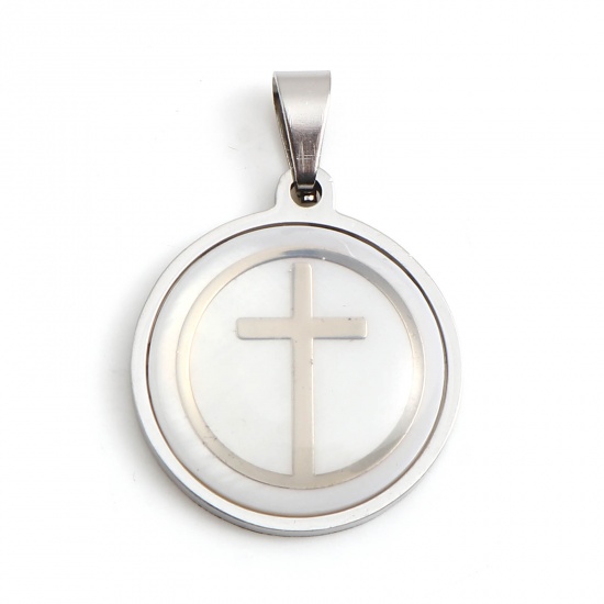 Image de Pendentifs en 201 Acier Inoxydable & Coquille Naturelle Religieux Rond Argent Mat Blanc Croix 30mm x 20mm , 1 Pièce