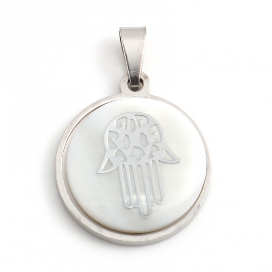 Image de Pendentifs en 201 Acier Inoxydable & Coquille Naturelle Religieux Rond Argent Mat Blanc Khamsa Symbole Paume 30mm x 20mm , 1 Pièce