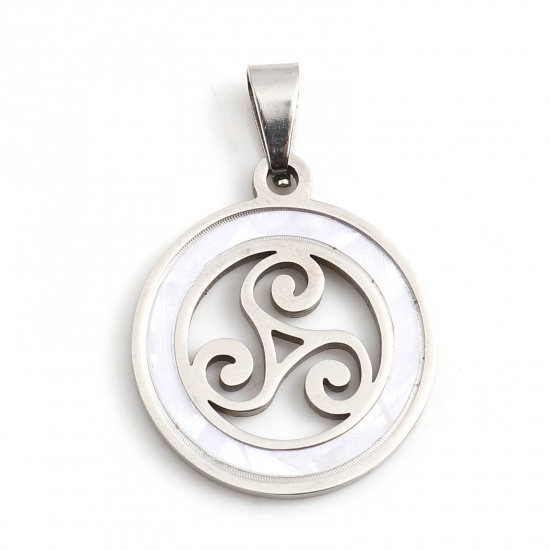 Image de Pendentifs en 201 Acier Inoxydable & Coquille Naturelle Rond Argent Mat Blanc Fleurs Creuses 30mm x 20mm , 1 Pièce