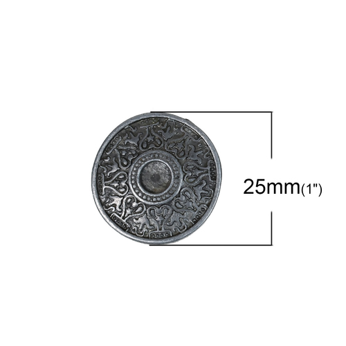 Picture of Zinc Based Alloy Metal Sewing Shank Buttons Round Antique Silver Color Heart Carved Cabochon Settings (Fits 6mm Dia.) 25mm(1") Dia, 10 PCs
