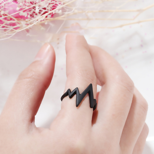 Picture of New Fashion Unadjustable Rings Black Heartbeat /Electrocardiogram 16.7mm( 5/8") US size 6.25, 1 Piece