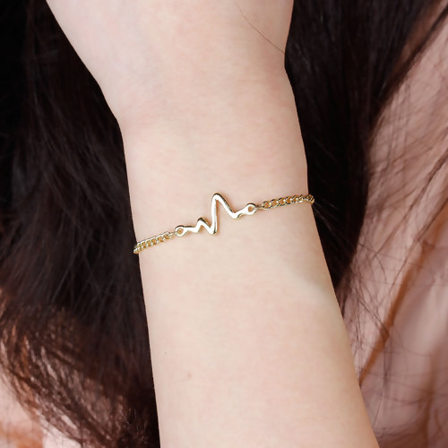 Picture of New Fashion Bracelets Link Curb Chain Light Golden Heartbeat /Electrocardiogram 17.5cm(6 7/8") long, 1 Piece
