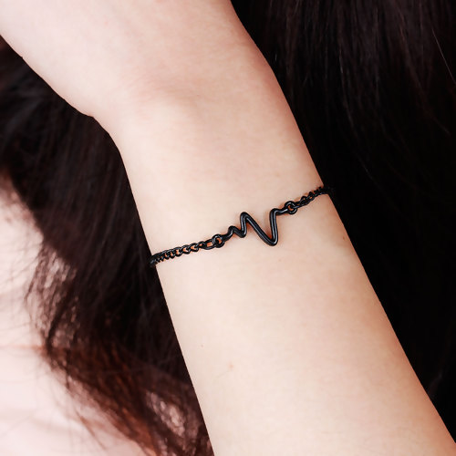 Picture of New Fashion Bracelets Link Curb Chain Black Painting Heartbeat /Electrocardiogram 17cm(6 6/8") long, 1 Piece