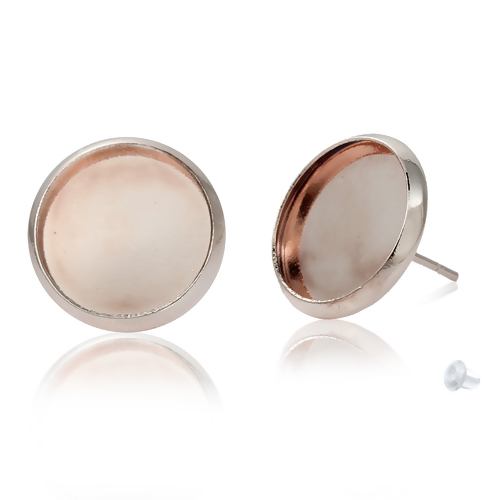 Picture of Brass Ear Post Stud Earrings Cabochon Settings Round Rose Gold (Fits 12mm Dia) 14mm( 4/8") x 13mm( 4/8"), Post/ Wire Size: (21 gauge), 10 PCs                                                                                                                 