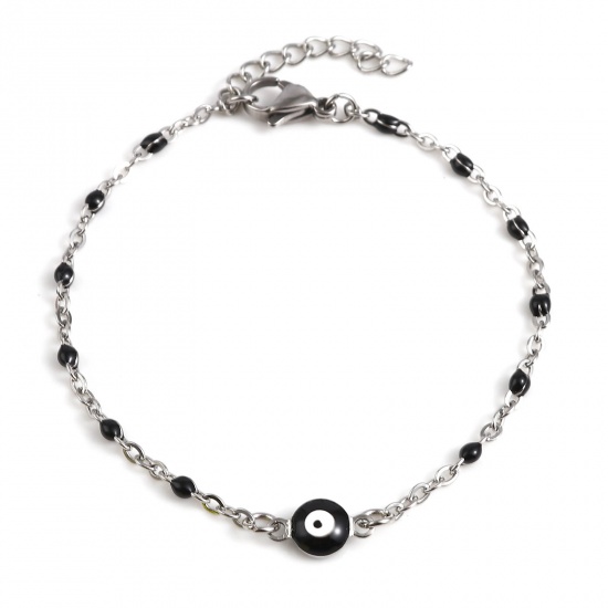 Picture of 304 Stainless Steel Religious Link Cable Chain Bracelets Silver Tone Black Round Evil Eye Enamel 17.5cm(6 7/8") long, 1 Piece