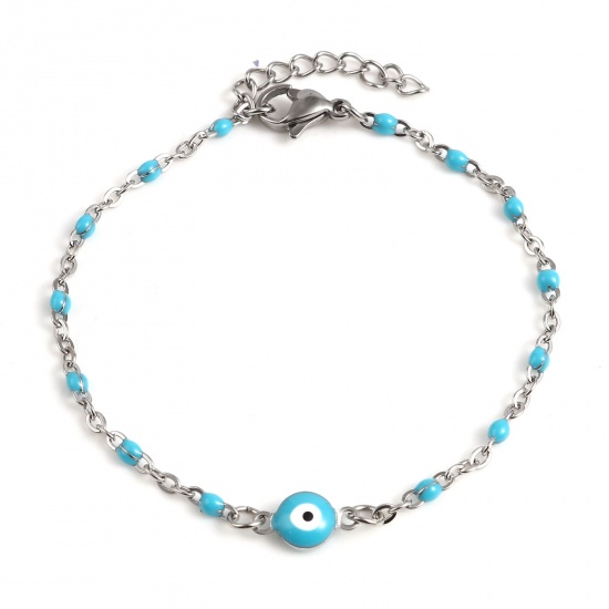 Picture of 304 Stainless Steel Religious Link Cable Chain Bracelets Silver Tone Blue Round Evil Eye Enamel 17.5cm(6 7/8") long, 1 Piece